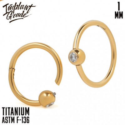 Кольцо-кликер Gold с шаром фианит 1 мм титан+PVD (8мм, 1мм, Прозрачный, Золотой, Тита